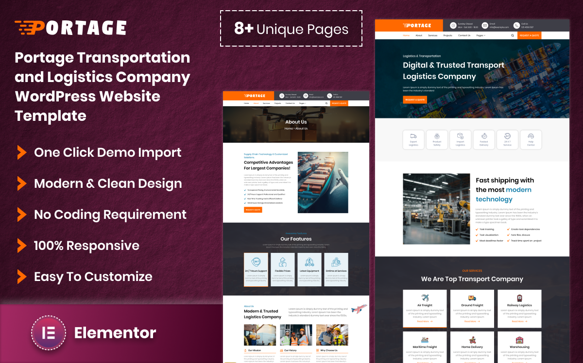 Portage Logistics and Transportation WordPress Elementor Website Template Elementor Kit