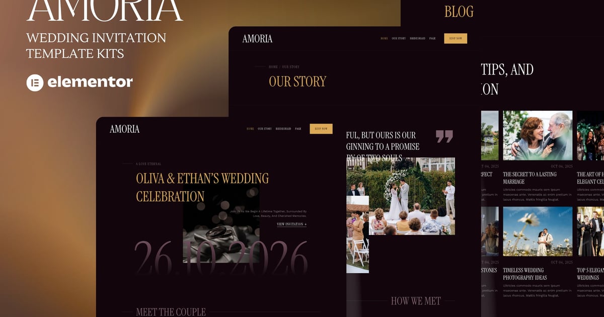 Amoria - Dark Luxury Wedding Invitation Website Elementor Template Kits