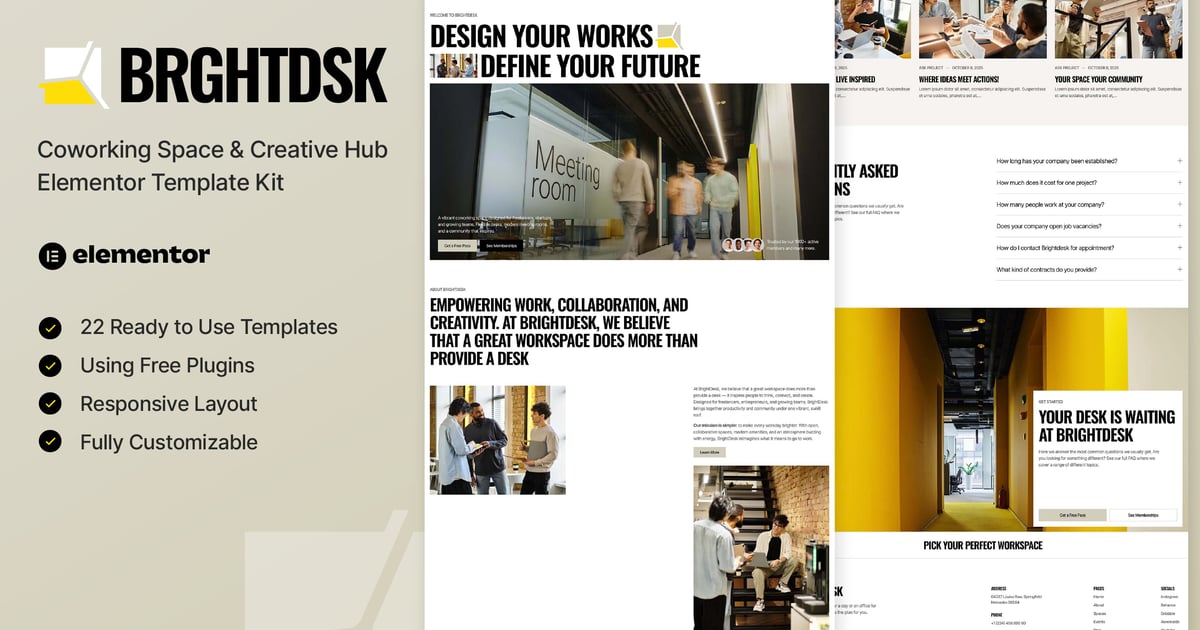 BrightDesk - Coworking Space & Creative Hub Elementor Template Kit