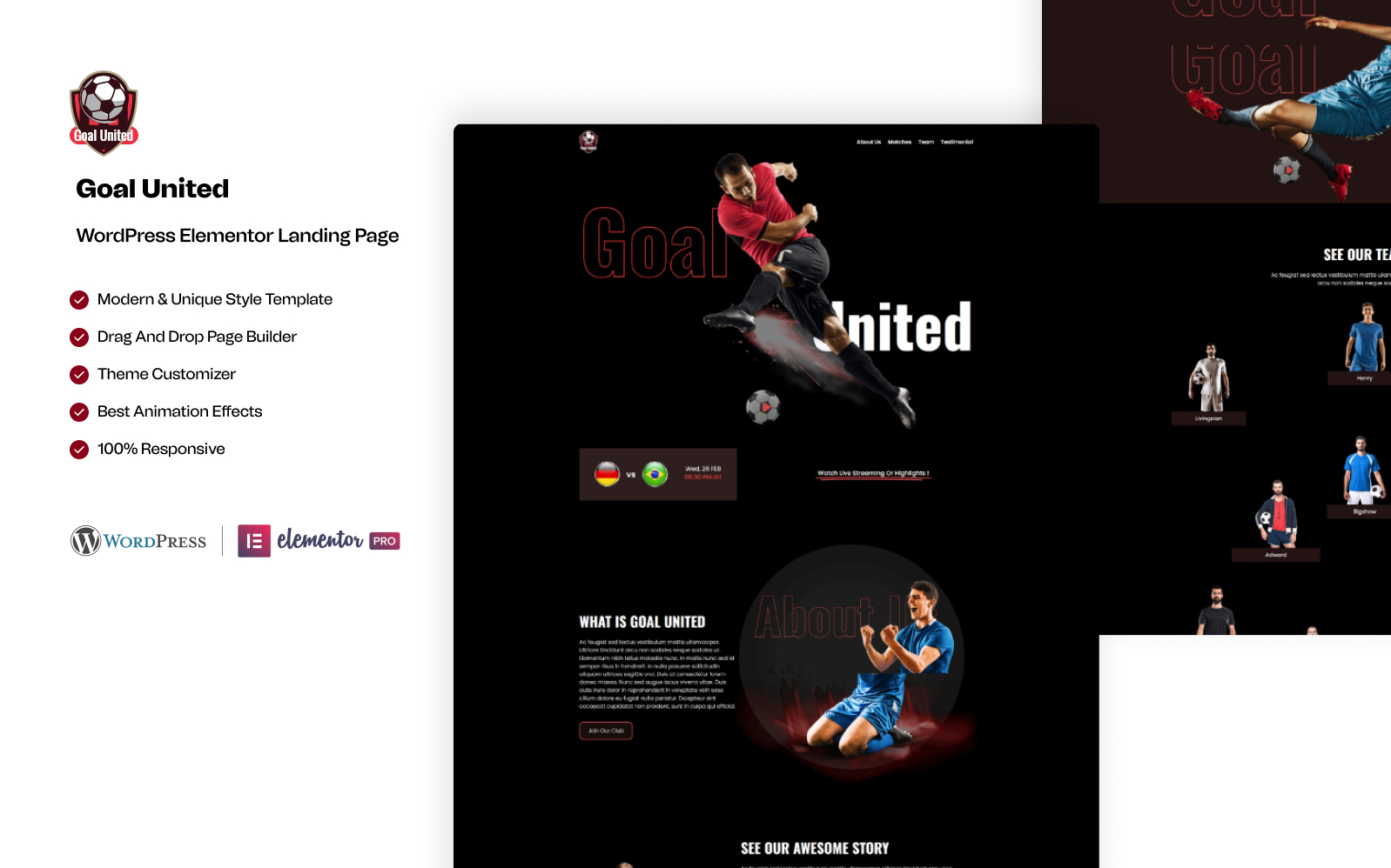 Goal United – Football Sports WordPress Elementor Landing Page Template Elementor Kit