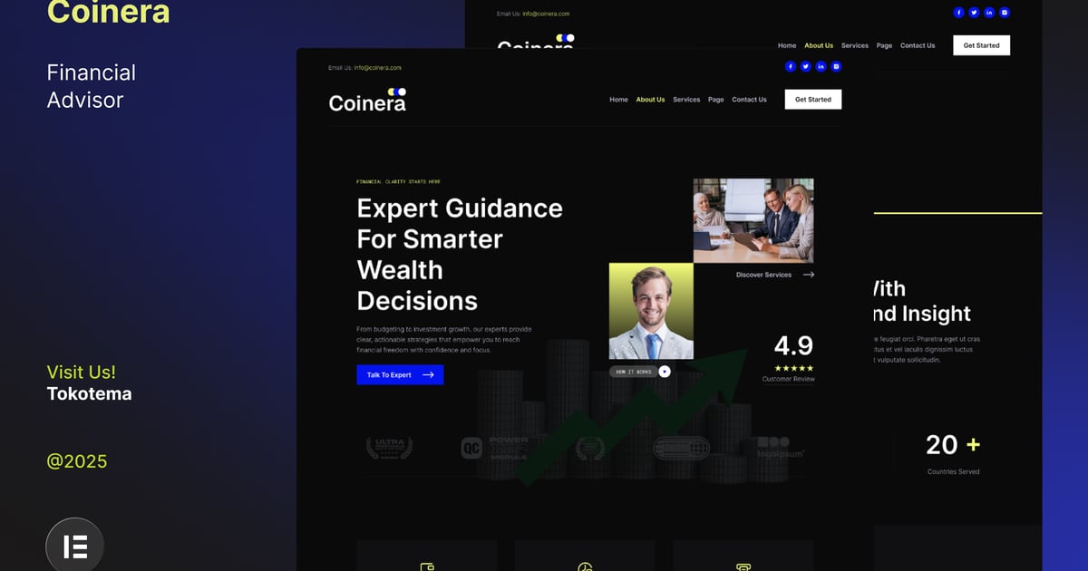 Coinera - Dark Financial Advisor & Coaching Website Elementor Template Kit