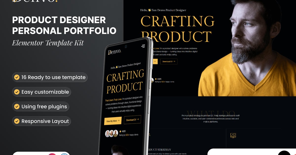 Denvo - Product Designer Personal Portfolio Elementor Template Kit