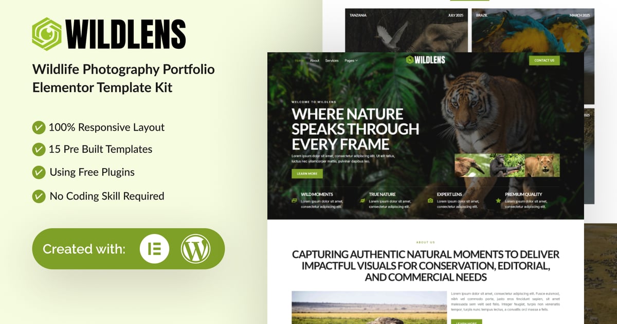 Wildlens - Wildlife Photography Portfolio Elementor Template Kit