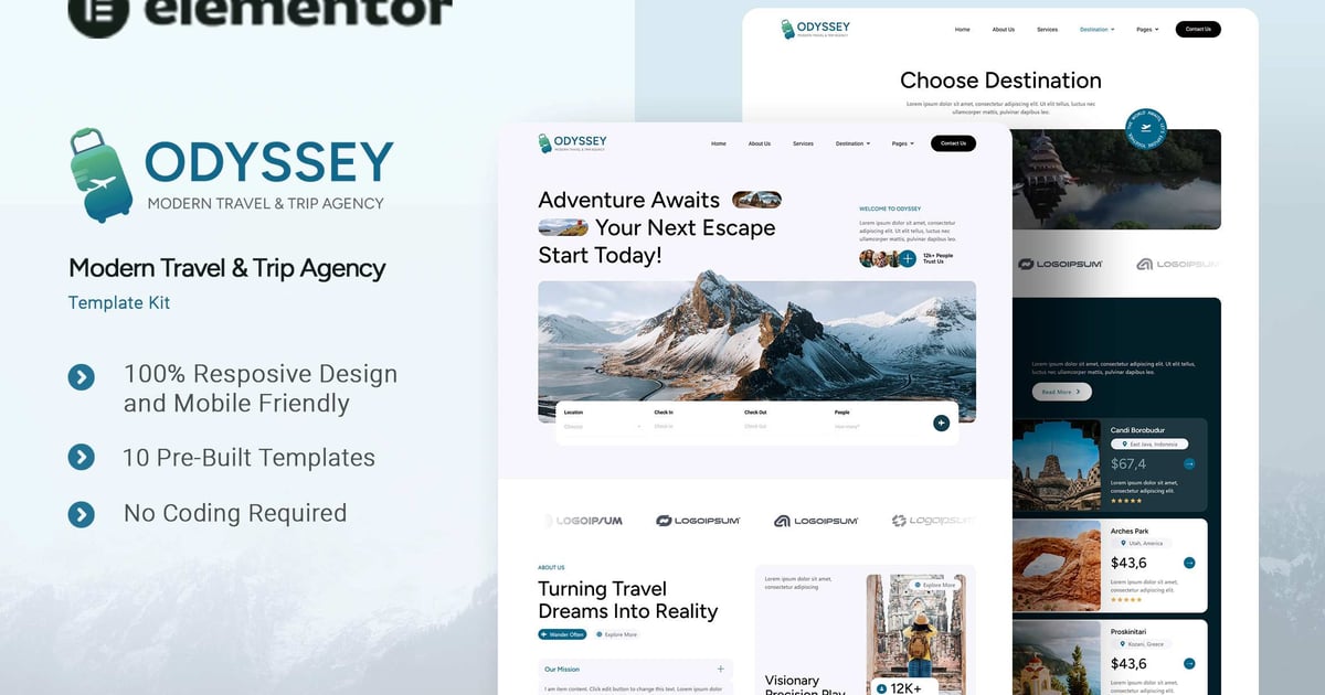Odyssey - Modern Travel & Trip Agency Elementor Template Kit