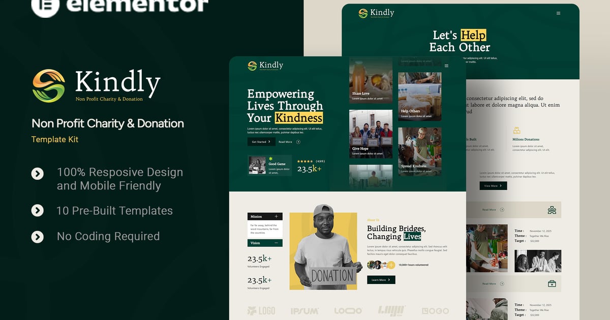 Kindly - Non Profit Charity & Donation Elementor Template Kit